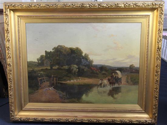 Thomas Pyne (1843-1935) Horses and cart crossing a ford, a church beyond 29 x 40in.